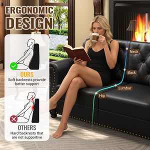 English Elm Upholstered Faux Leather Chesterfield Sofa Button Tufted with Nailhead and Six Pillows Black W1885S00432