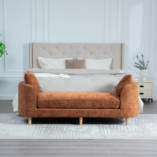 English Elm 77.17" Chenille Chaise Bench with Bolster Pillows Rubberwood Base for Bedroom Lounge W3189S00041