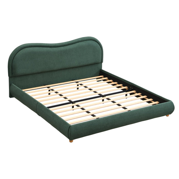 English Elm Queen Chenille Upholstered Curved Headboard Platform Bed with Oak Legs Solid Wood Slats W1716P428274