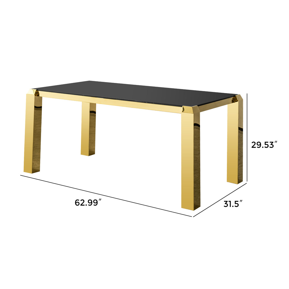 English Elm Luxury Gold Pvd Steel Rectangular Dining Table with Black Tempered Glass Seats Six W2723S00092