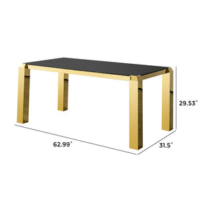 English Elm Luxury Gold Pvd Steel Rectangular Dining Table with Black Tempered Glass Seats Six W2723S00092