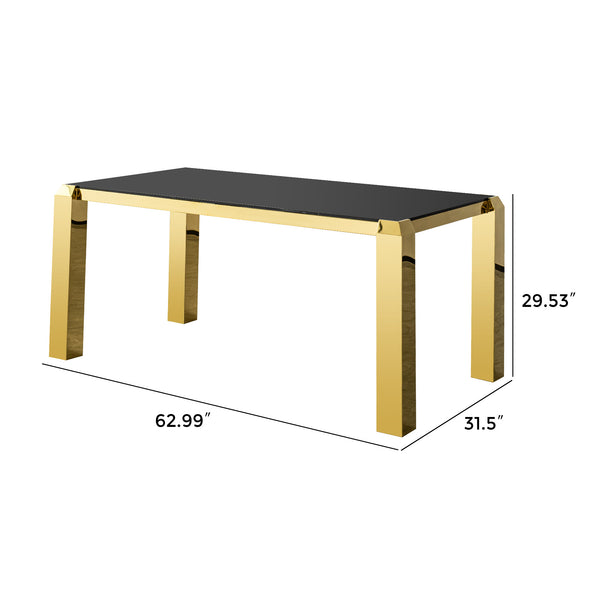 English Elm Luxury Gold Pvd Steel Rectangular Dining Table with Black Tempered Glass Seats Six W2723S00092