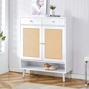 English Elm Modern white storage cabinet with vine rattan design, MDF shoe & bedside organizer, quick assembly, sleek decor W1151P151509