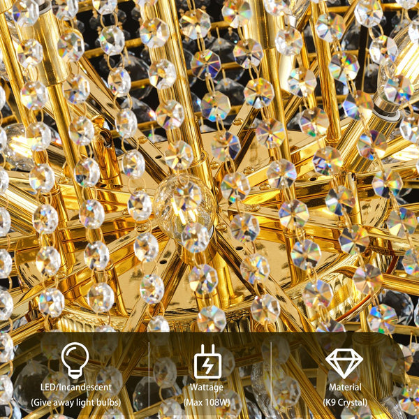 English Elm 32-Inch Crystal Chandelier 21-Light K9 Luxury Ceiling Fixture for Dining Room Bedroom Modern Empire Gold W2869S00027