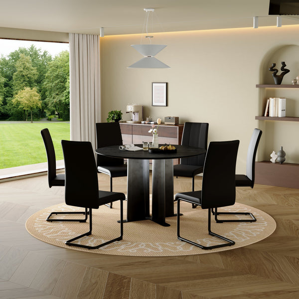 English Elm Round Mdf Dining Table with Gradient Cross Base Compact Modern Seating for Small Spaces Black W3875S00029