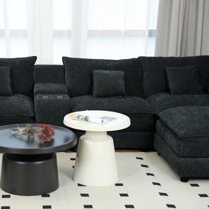 English Elm U Shaped Sectional Cloud Couch for Living Room 144" Plush Modular Sofa with Ottoman Storage Console Cupholders Black W3276S00011
