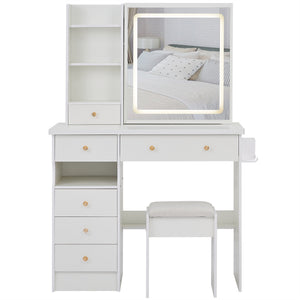 English Elm 37" Vanity Table Set with Led Mirror Stool Built-in Outlets and Hair Dryer Storage White W3258P448842