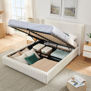 English Elm Queen Storage Bed Plush Ribbed Rabbit Fur Upholstery Gas Lift Platform Modern Luxury W1413S00181
