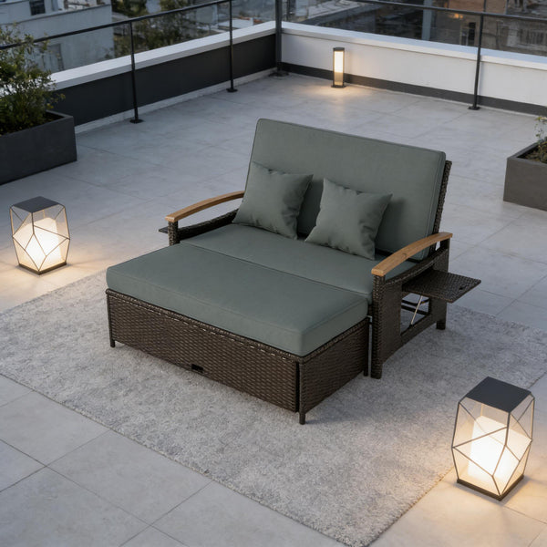 English Elm 4-in-1 Wicker Outdoor Daybed with Acacia Armrests Reclining Loveseat and Storage Ottoman Gray T3971P484825