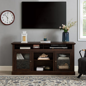 English Elm Modern TV Stand 60" Brown Entertainment Center for TVs up to 65" with Glass Doors, 3 Adjustable Shelves, Cable Management and Durable MDF Construction W2275P210030