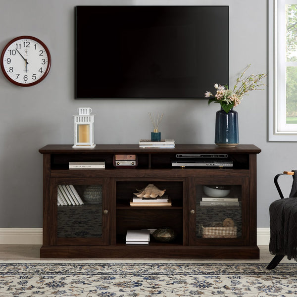English Elm Modern TV Stand 60" Brown Entertainment Center for TVs up to 65" with Glass Doors, 3 Adjustable Shelves, Cable Management and Durable MDF Construction W2275P210030