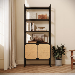 English Elm Natural Rattan Bookshelf with Matte Black Frame Open Display and Closed Storage Cabinet W2263P395493