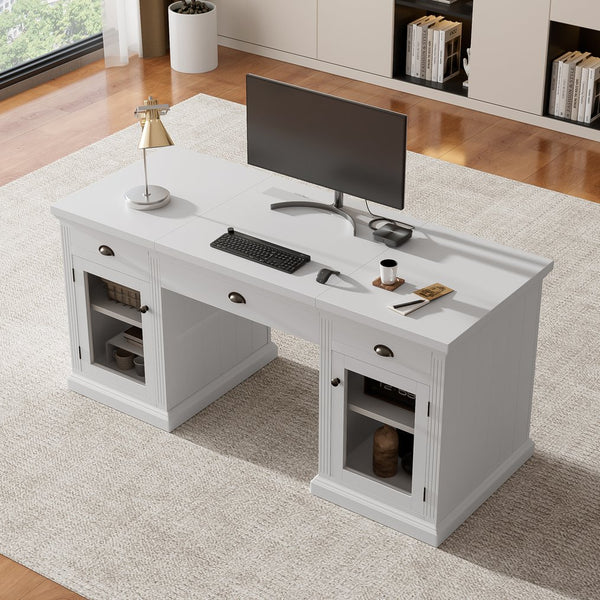 English Elm 67" White Executive Desk with Cabinet Storage Drawers and Usb Ports for Home Office N751S415499K