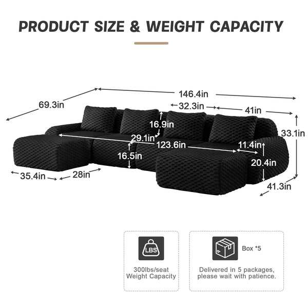 English Elm 146" U-shaped Modular Sectional Flannelette Sofa Deep Lounge Seating with Ottoman W714S01537