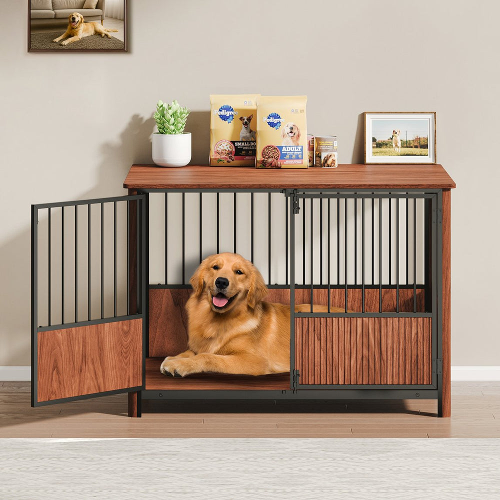 English Elm 43'' Walnut Fluted Wood Dog Crate Doubles as End Table for Medium and Large Pets W1820P336034