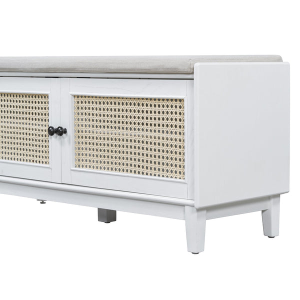 English Elm Trexm Bohemian Rattan Storage Bench Cushioned Seat Shoe Cabinet for Entryway Beige,White N715P308012K