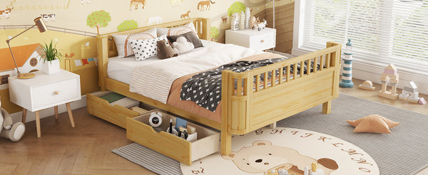 English Elm Twin Kids Platform Bed Solid Pine White Finish with Storage Drawers and Safety Rails Natural W2593P409119