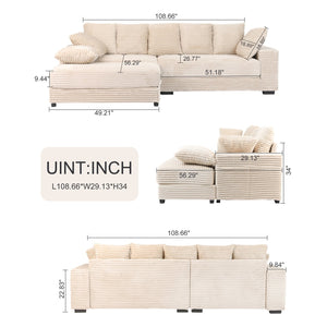 English Elm 108.6" Corduroy L-shaped Sectional with Chaise Storage Ottoman and Eight Pillows Beige W2791S00003
