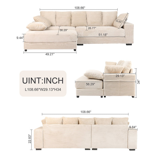 English Elm 108.6" Corduroy L-shaped Sectional with Chaise Storage Ottoman and Eight Pillows Beige W2791S00003