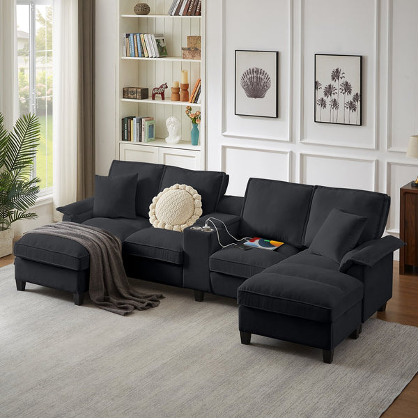English Elm 120" Modular Corduroy Sectional Sofa Bed with Storage, U-Shaped 4-Seater, Cup Holders & Console Black W1359S00013