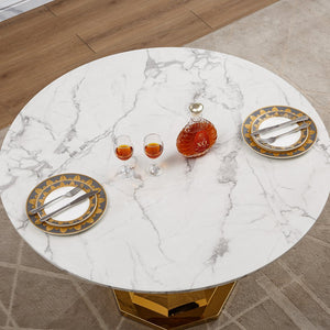 English Elm 47" Round Marble Dining Table - Luxurious High Gloss Faux Marble Top & Stainless Steel Base For Modern Spaces W3456S00005
