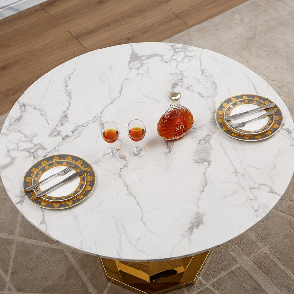 English Elm 47" Round Marble Dining Table - Luxurious High Gloss Faux Marble Top & Stainless Steel Base For Modern Spaces W3456S00005