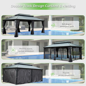 English Elm 12'x18' Hardtop Gazebo Dual Roof Steel Frame Permanent Patio Pavilion with Netting W1859S00187