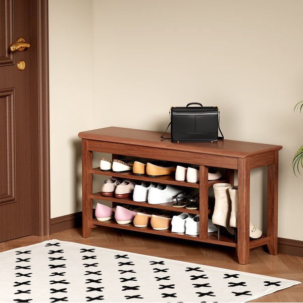 English Elm Adjustable Solid Rubberwood Storage Bench Mid Century Entryway Seat Holds 550 Lbs W2987P337983