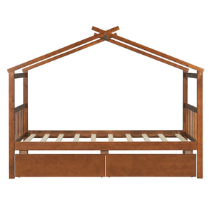 English Elm Twin House Bed Solid Pine Kids Cottage Frame with Storage Drawers Imaginative Room Walnut N708P309245L