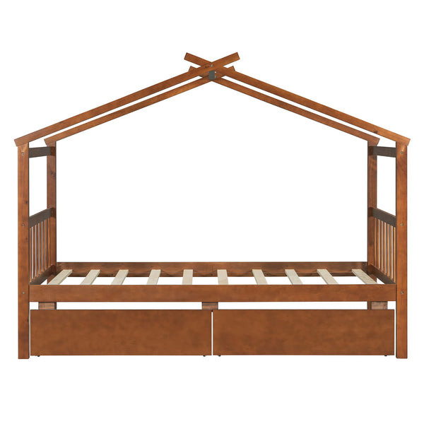 English Elm Twin House Bed Solid Pine Kids Cottage Frame with Storage Drawers Imaginative Room Walnut N708P309245L