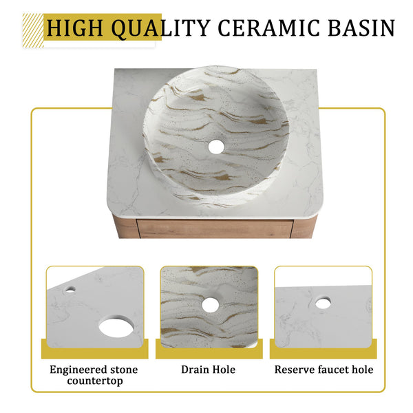 English Elm 24'' Wall-Mounted Bathroom Vanity With Ceramic Vessel Sink, Soft-Close Door & Space-Saving Design W999S00394