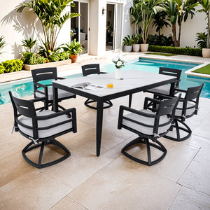 English Elm Modern Outdoor Sintered Stone Dining Set for Six with Swivel Rockers Sunbrella Cushions W1886S00020