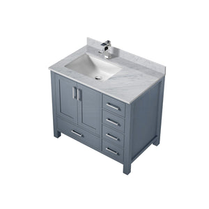English Elm Dark Grey 36" Bath Vanity with Left Carrara Marble Top, Soft-Close Drawers, Chrome Faucet Set B2731P259029