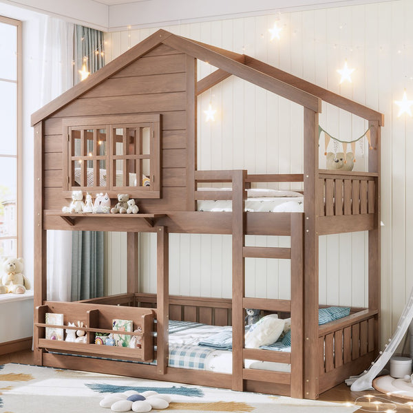 English Elm Full Bunk Bed with Trundle Bookshelf Storage Pine Frame Car Design for Kids W1580S00521