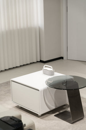 English Elm Modern Coffee Table with Built in Mini Fridge Power Outlets and Beverage Storage White W1172P483597
