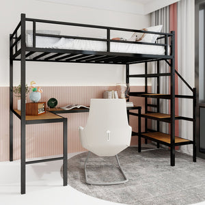 English Elm Loft Bed with L-shaped Desk Stair Storage and Full Guardrail Iron Frame Black W1935S00007