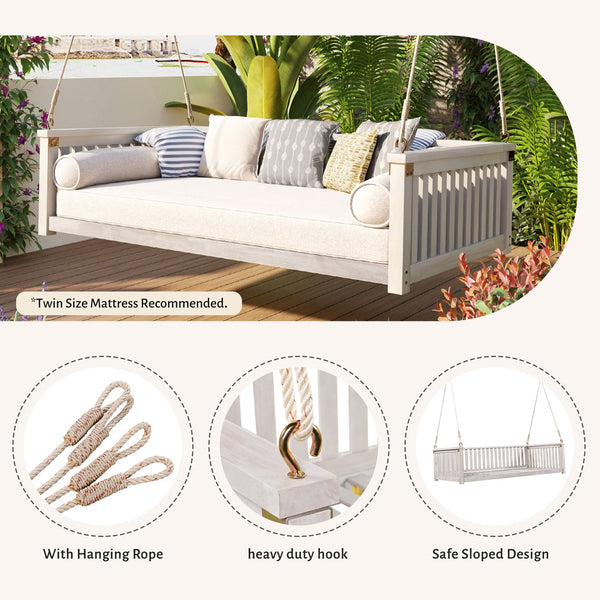 English Elm Topmax Acacia Wood Porch Swing Bed Sloped Frame Outdoor Lounger for Backyard Patio White WF319383AAK