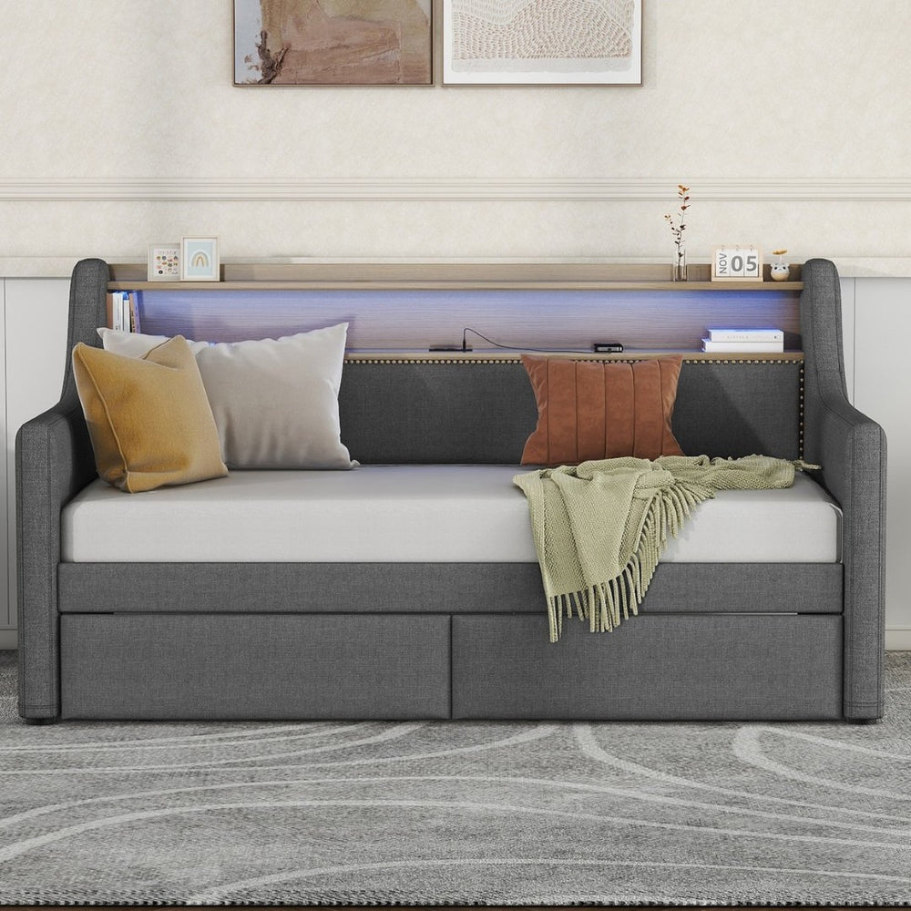 English Elm Twin Size Daybed With Built-In Storage, Charging Station & Led Lights - Stylish Gray Upholstered Design W1580S00060-GIGA