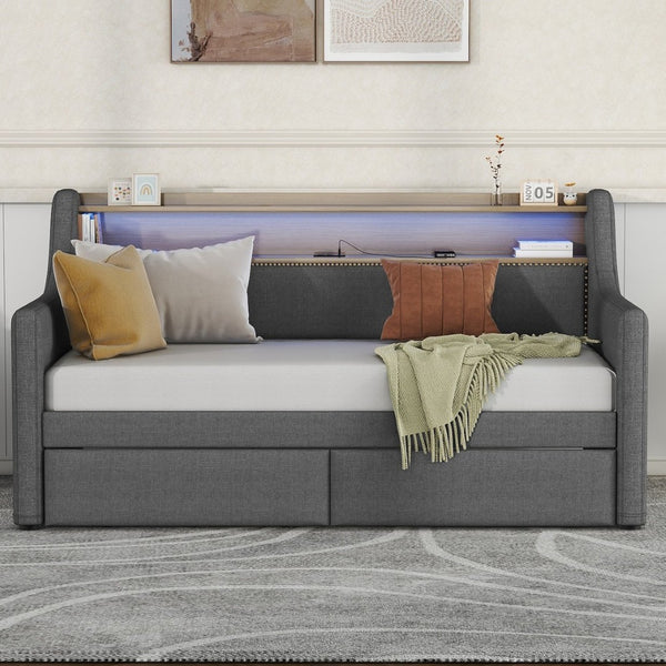 English Elm Twin Size Daybed With Built-In Storage, Charging Station & Led Lights - Stylish Gray Upholstered Design W1580S00060-GIGA