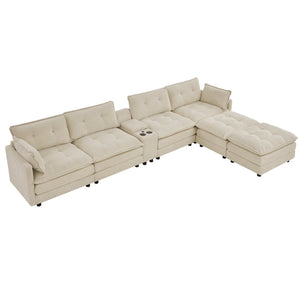 English Elm 154" Corduroy U-shaped Sectional with Ottomans Six Seat Modular Cloud Sofa Usb Console Beige W1998S00101