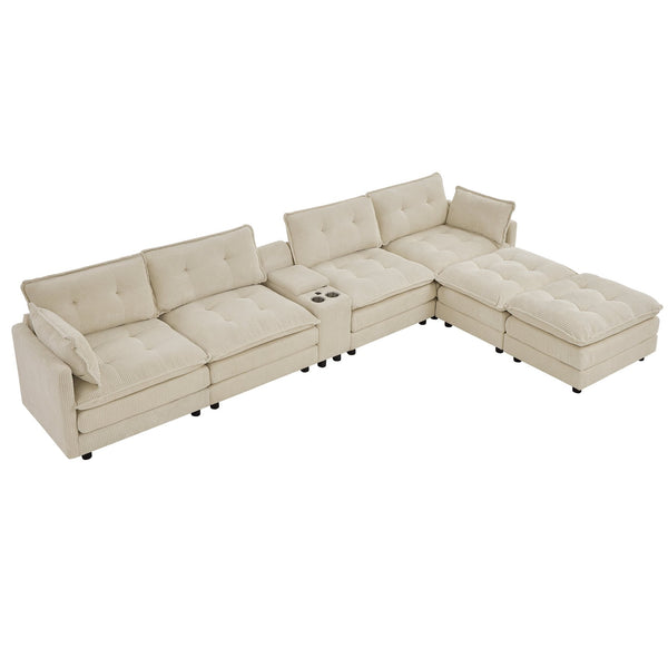 English Elm 154" Corduroy U-shaped Sectional with Ottomans Six Seat Modular Cloud Sofa Usb Console Beige W1998S00101