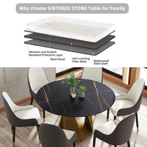 English Elm 53" Round Marble Dining Table – Elegant Sintered Stone Top & Bronze Iron Base For 6, Modern Style W1535S00408