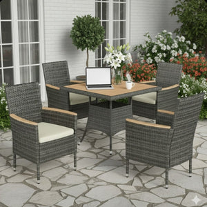 English Elm 1-piece Square Acacia Wood Top Hand-woven Pe Rattan Outdoor Patio Dining Table Gray B082P455163