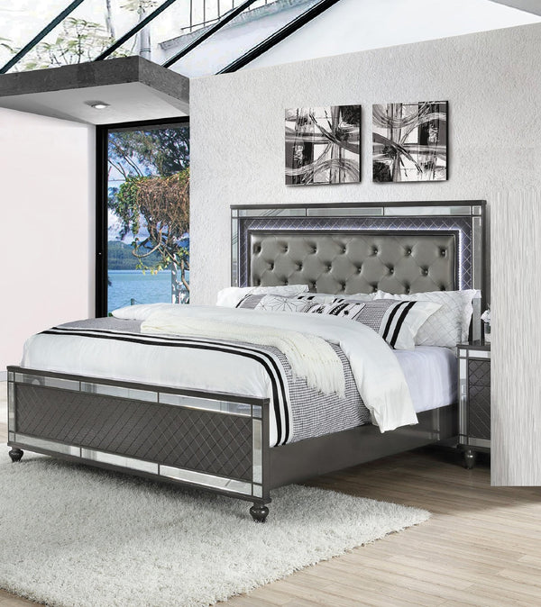 English Elm Modern Upholstered Headboard Queen Bed with Button Tufting, Glass Inlay & LED Lighting, Faux Leather Finish Elegance Gray 66 L x 47 W x 7 H B011S01215
