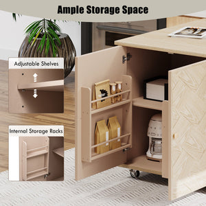 English Elm K&K Farmhouse Kitchen Island with 3D Wave Stripes Ash Veneer, Drop Leaf, Rolling Cart Storage Natural Wood N707P207916Y