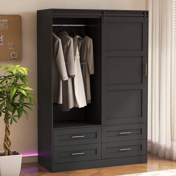 English Elm Tall Farmhouse Wardrobe Armoire with Sliding Barn Doors Drawers and Hanging Rod W1321S00045