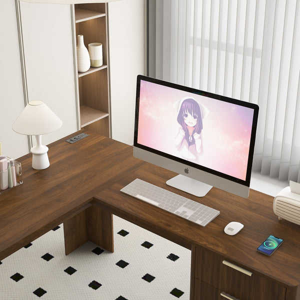 English Elm L Shaped Corner Desk with Storage Cabinet Built in Charging Station Home Office W1321S00037