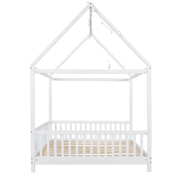 English Elm Wood Full Size House Bed with Guardrail, LED Lights & Sturdy Pine Frame for Kids Room Safety and Style N709P177524K
