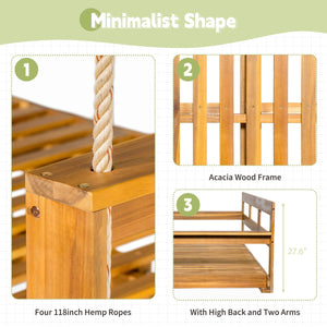 English Elm TOPMAX Acacia Wood Twin Porch Swing Bed Frame with High Back, 350lb Capacity & 118" Hemp Ropes Natural N717P265795A