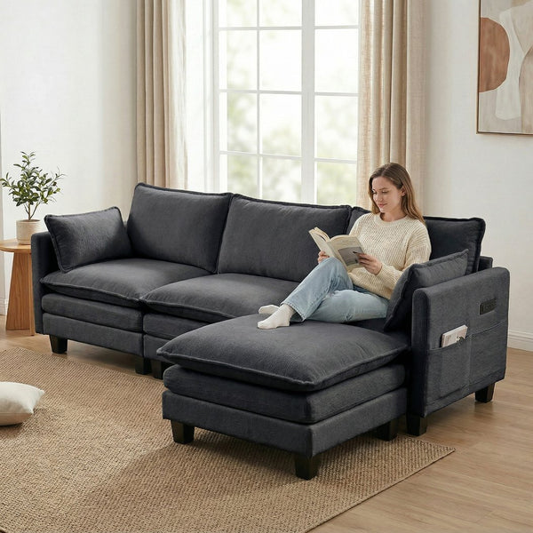 English Elm Modern Chenille Three Seat Sofa with Ottoman Usb Charging Ports and Storage Pockets Black W2519S00002